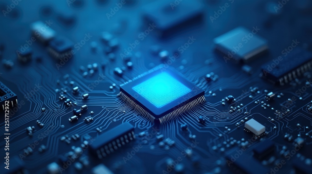 Close-up view of a glowing computer chip on a detailed circuit board Close-up view of a glowing computer chip on a detailed circuit board