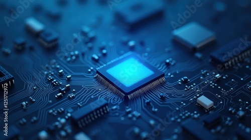  Close-up view of a glowing computer chip on a detailed circuit board