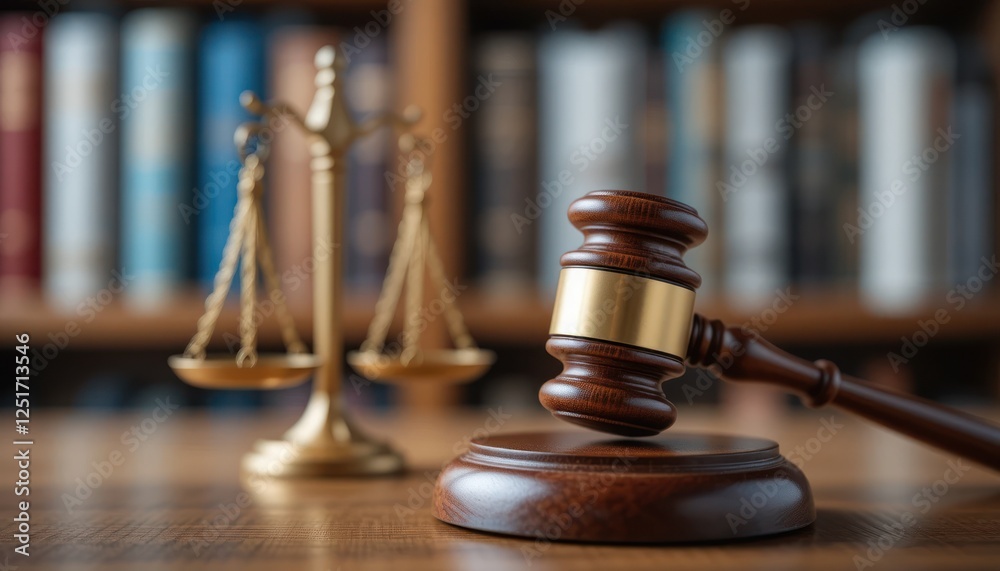 Law scales and gavel on wooden table in library Law scales and gavel on wooden table in library
