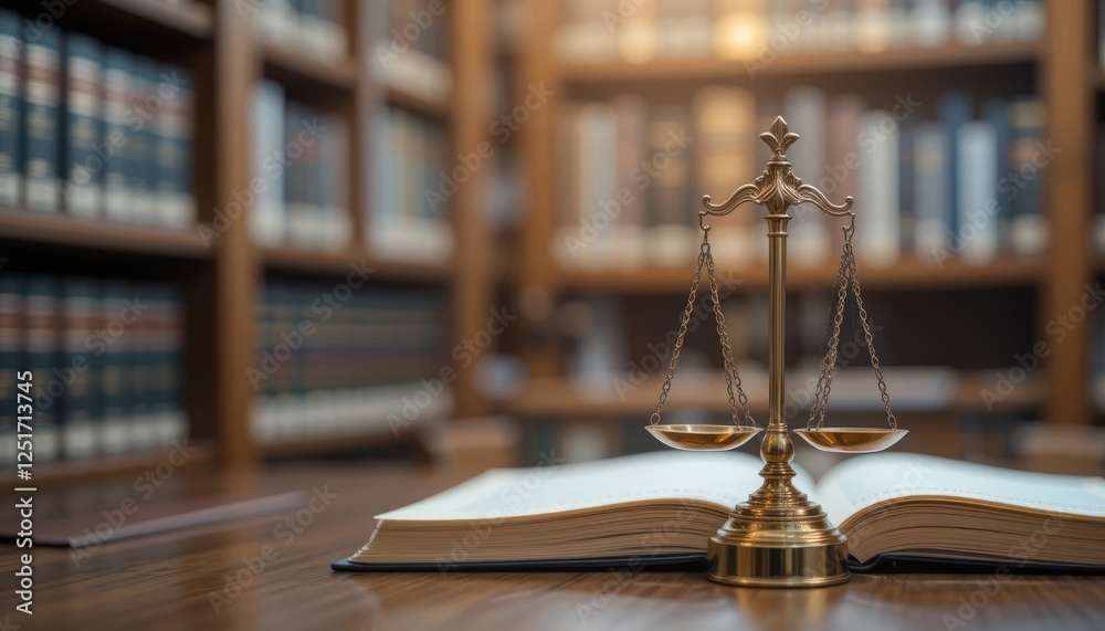 Justice Scales on Open Law Book in Library Justice Scales on Open Law Book in Library