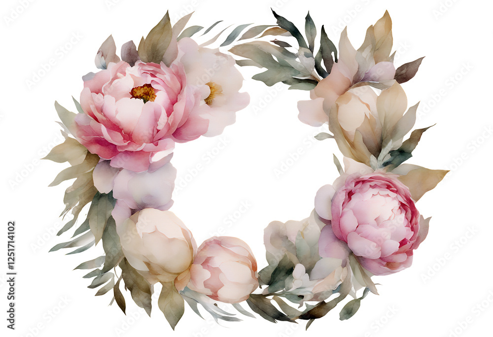 illustration isolated natural design date invitation peony boho nature decoration frame bohemian feathers floral white weddign watercolor background cotton chaplet wreath leaves flowers peonies