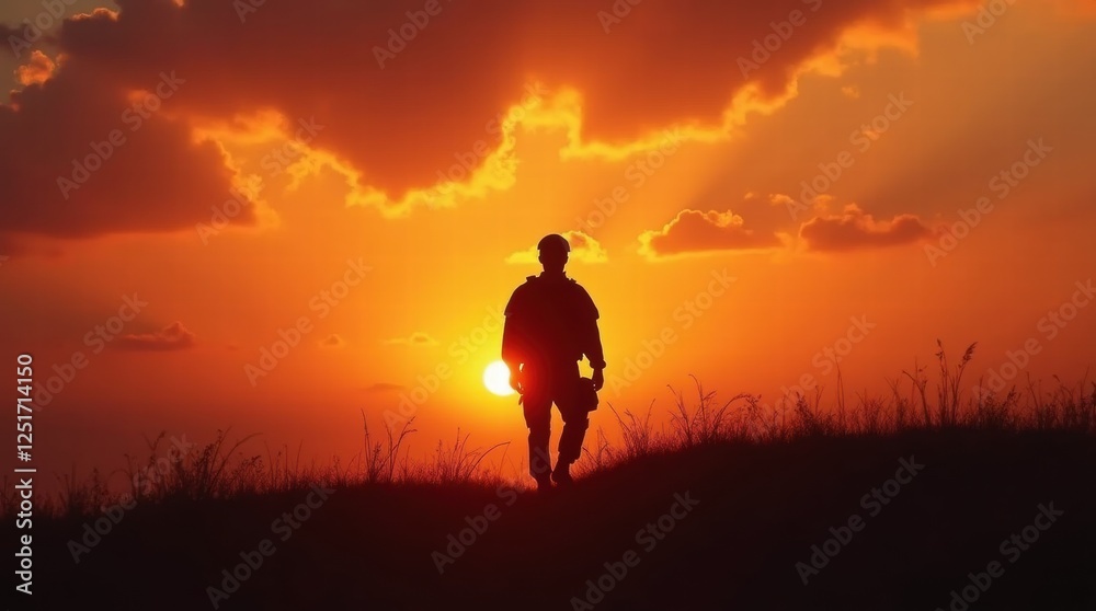 A soldier walks across a grassy field at sunset, the sky ablaze with vibrant orange and red hues. A soldier walks across a grassy field at sunset, the sky ablaze with vibrant orange and red hues.