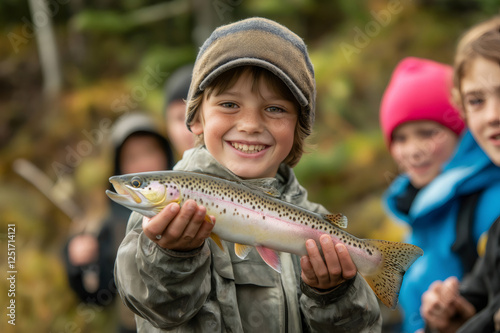 Smiling young boy holding a rainbow trout he just caught, surrounded by friends, enjoying a fishing trip in nature