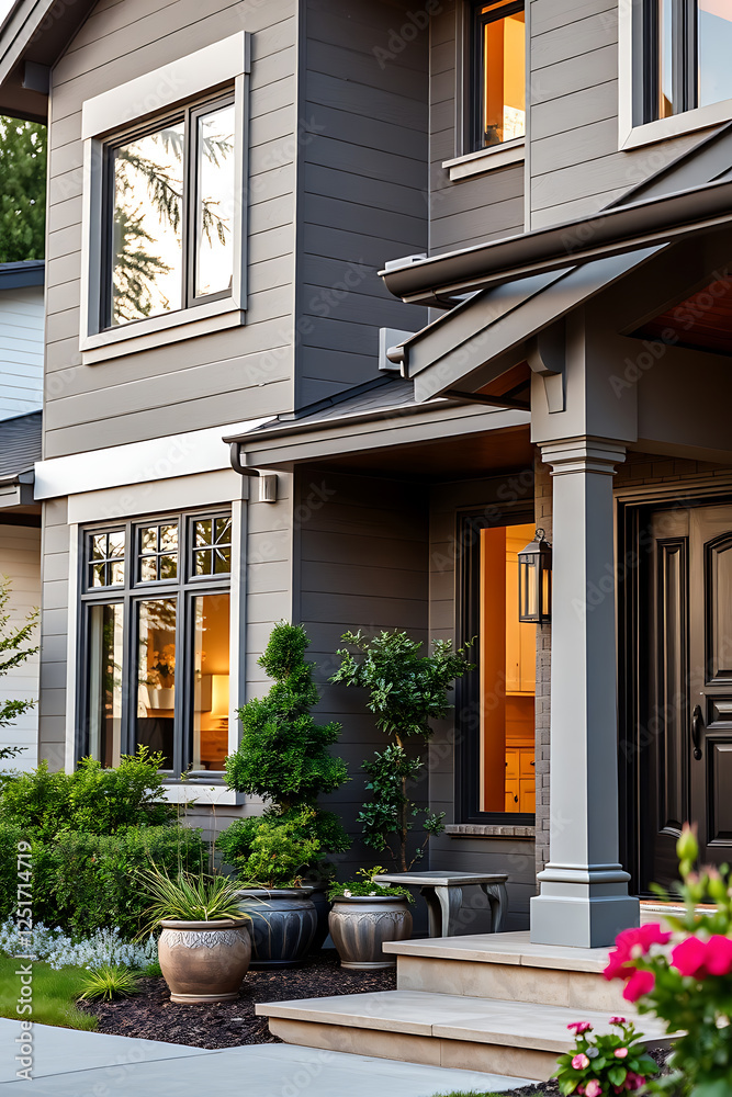 Obraz premium Modern Gray House Exterior with Landscaping and Stylish Entrance. Luxury Home Architecture, Real Estate, Contemporary Design, Modern Facade