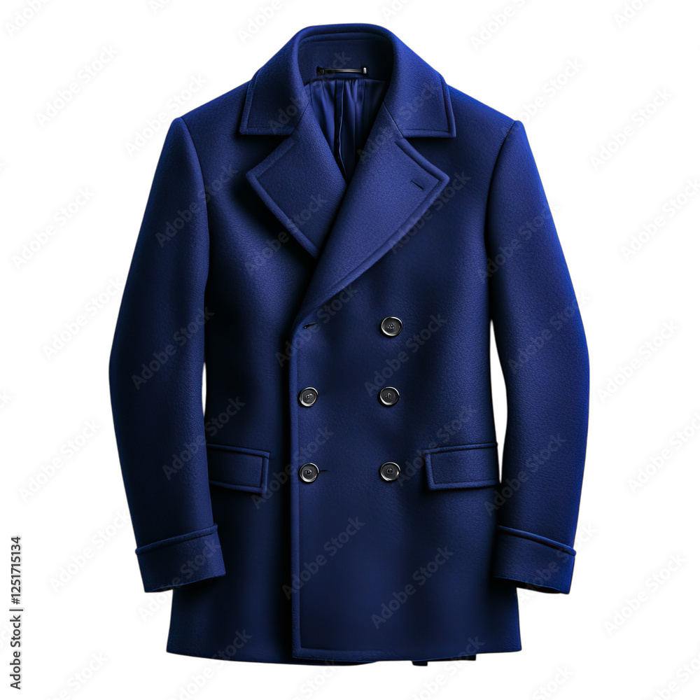 Deep Blue Wool Pea Coat with Wide Lapels and Red Stripe Isolated on Transparent Background