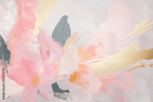 Abstract painting featuring soft pink, grey, and gold brush strokes, evoking a delicate floral pattern