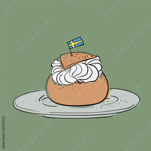 Semla with Swedish flag on plate hand drawn illustration, Sweet pastries bun with whipped cream, Vector sketch of traditional dessert on green background