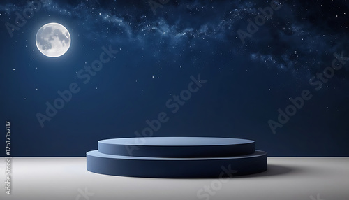night scene with moon and clouds with round podium isolated on blue background