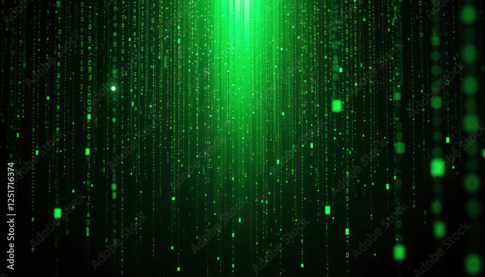 Green digital rain falling, dark background, tech backdrop, screen saver Green digital rain falling, dark background, tech backdrop, screen saver