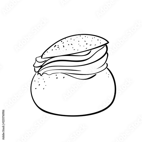 Traditional Swedish semla, hand drawn sketch of sweet pastry isolated, whipped cream filled bun, vector illustration doodle on white background