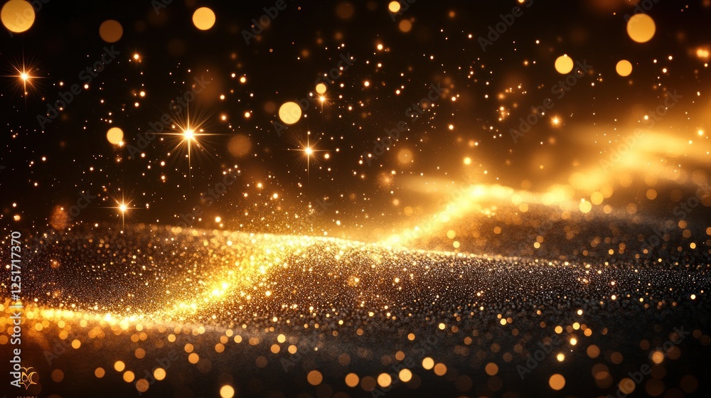 Golden glitter wave, dark background, bokeh, celebration