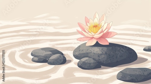 Lotus blossom adorns serene zen garden with raked sand