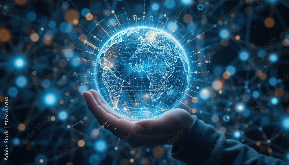 Obraz premium Hand holding digital globe, network connections, futuristic background