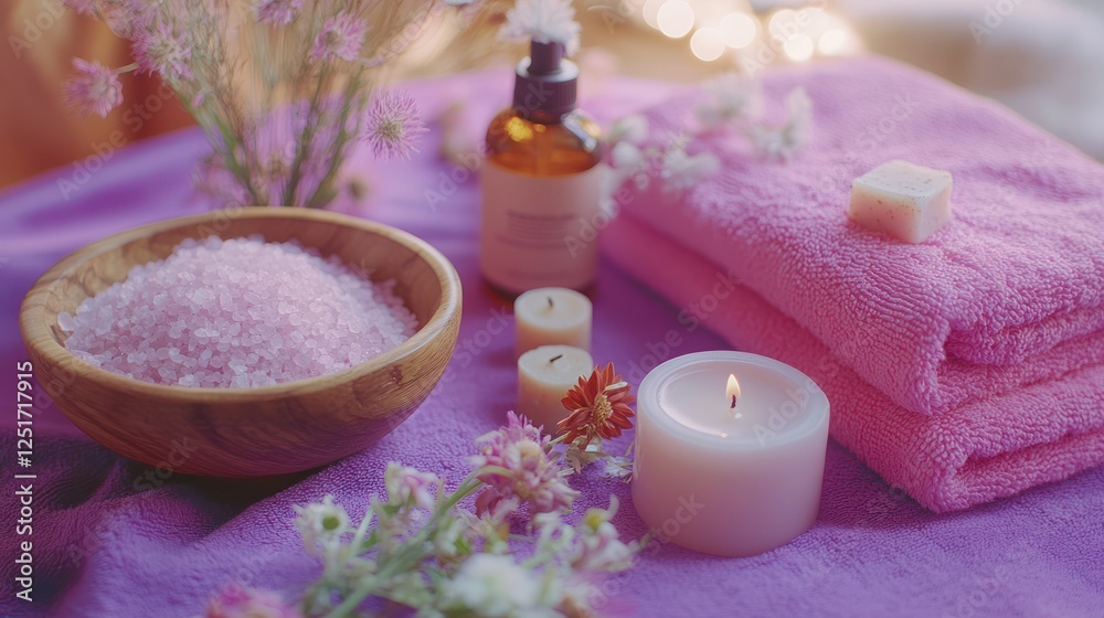 Spa setup salt, oil, towels, flowers, candle, lights on purple fabric; wellness, relaxation photo