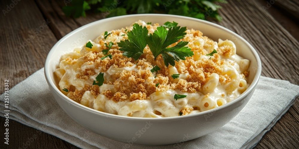 A close-up view of a creamy macaroni and cheese dish in a bowl, garnished with crumbly topping and chopped parsley. The side of the bowl is visible, showcasing a textured white surface. This image A close-up view of a creamy macaroni and cheese dish in a bowl, garnished with crumbly topping and chopped parsley. The side of the bowl is visible, showcasing a textured white surface. This image