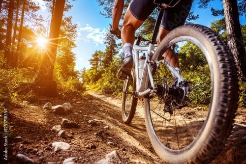 Wallpaper Mural Mountain Biker in Action on Dirt Trail Surrounded by Rugged Forest and Illuminated by Golden Hour Light Captured During Mid Jump in Stunning Outdoor Scene Torontodigital.ca