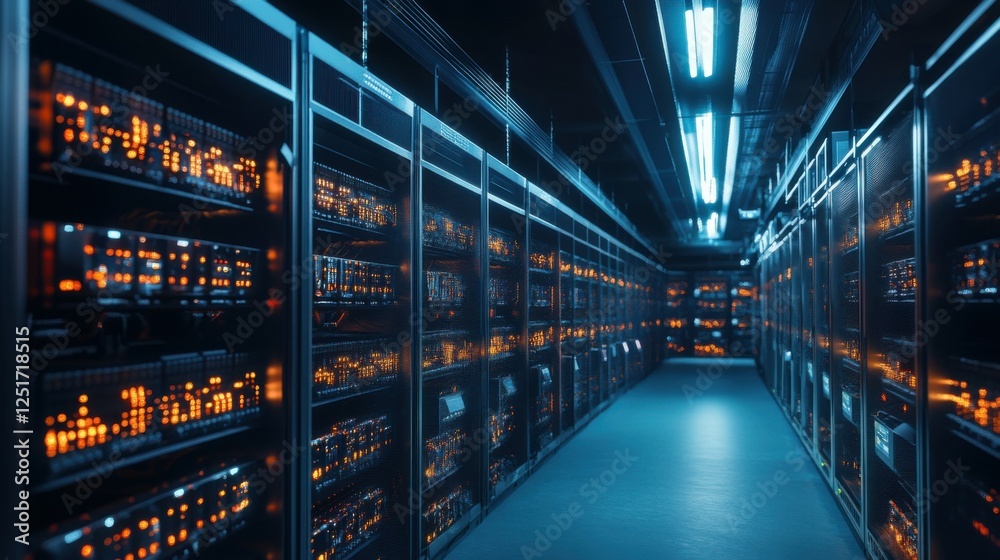 Modern Data Technology Center Server Racks Working in Dark Facility. Concept of Internet of Things, Big Data Protection, Storage, Cryptocurrency Farm, Cloud Computing. 3D Render of Crypto Miners Modern Data Technology Center Server Racks Working in Dark Facility. Concept of Internet of Things, Big Data Protection, Storage, Cryptocurrency Farm, Cloud Computing. 3D Render of Crypto Miners