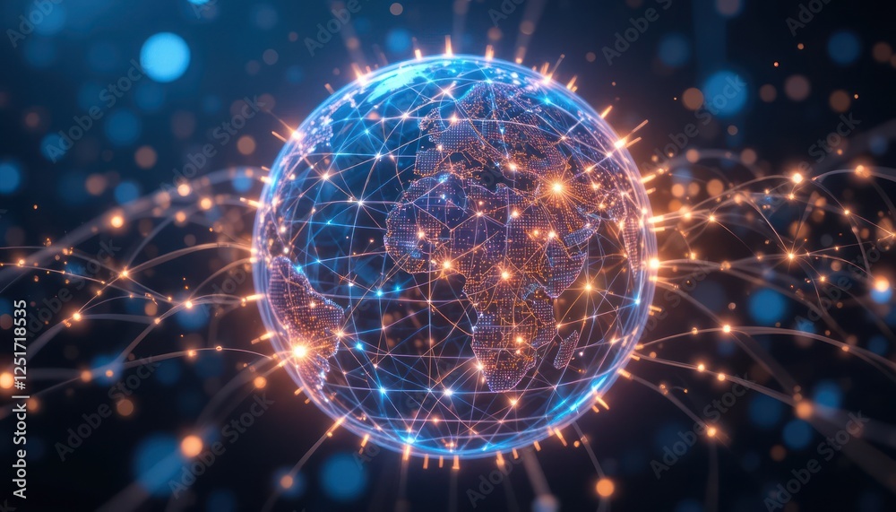 Obraz premium Global network connection, digital earth, glowing nodes, dark background, tech concept