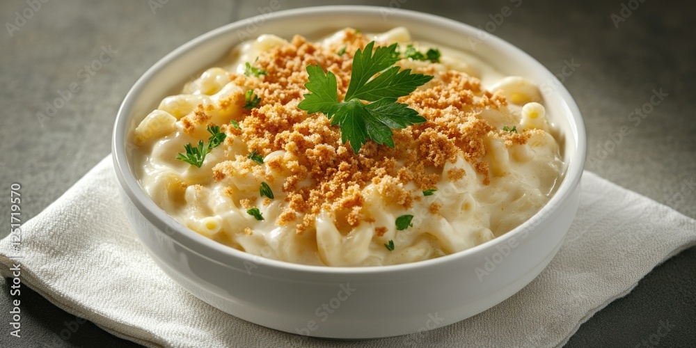 A bowl of rich, creamy macaroni and cheese garnished with a sprinkle of crunchy topping, ready to be served. A bowl of rich, creamy macaroni and cheese garnished with a sprinkle of crunchy topping, ready to be served.