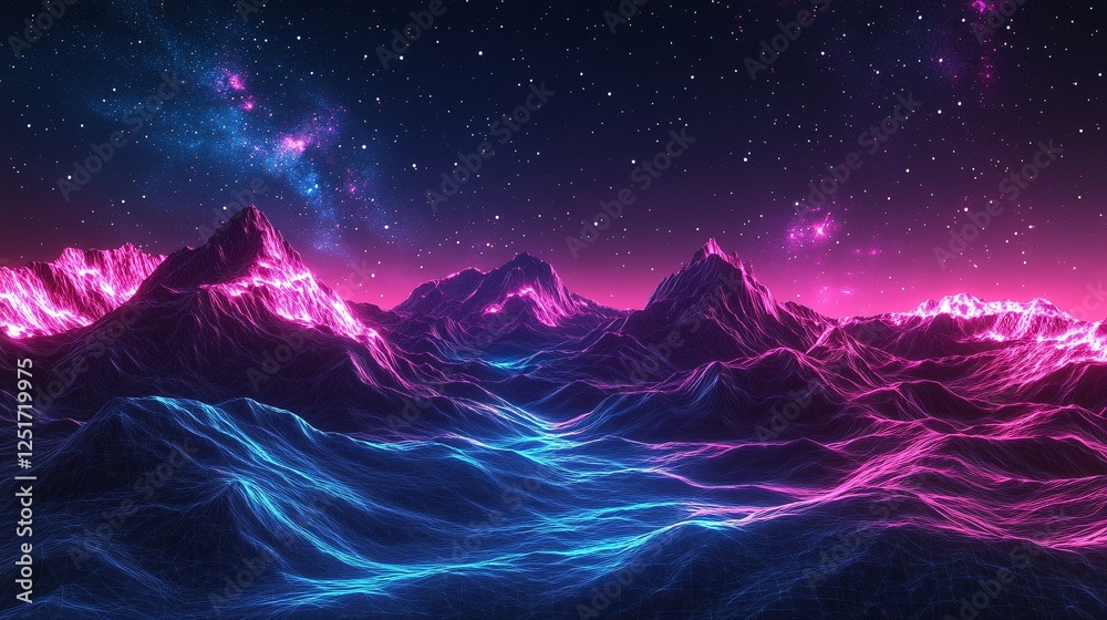 Fototapeta premium A vibrant digital landscape featuring glowing mountains and waves under a starry sky, showcasing a blend of pink and blue neon colors.