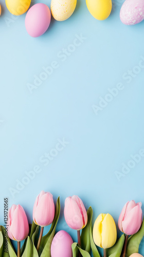 Floral easter delight with pink tulips and colorful eggs in vertical spring layout