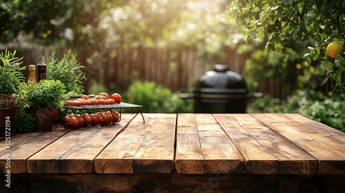 Fototapeta Naklejka Na Ścianę i Meble -  A rustic wooden table in a garden, adorned with fresh ingredients and a grill in the background, perfect for a summer barbecue.