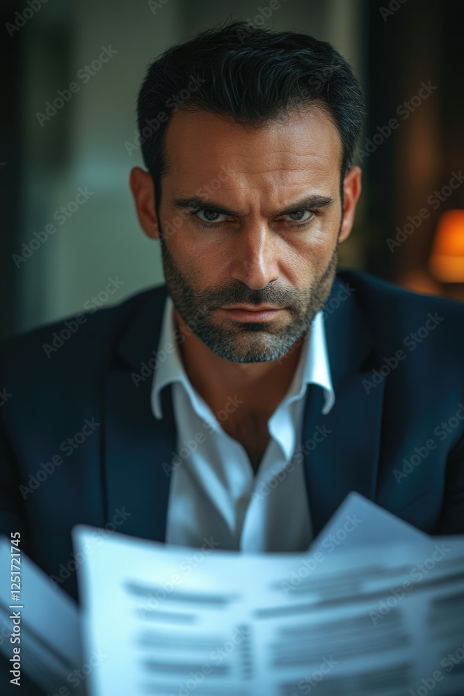 Naklejka premium The image depicts a man in a business suit sitting at a desk, engrossed in reviewing papers or documents. His expression is focused and contemplative.