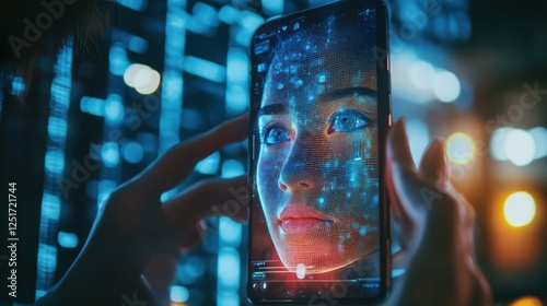 Deep fake. Deepfake AI photo or video in phone. Face swap. Artificial intelligence edit to picture. Machine learning or fraud. Identity theft. Synthetic facial detection and editor in smartphone.