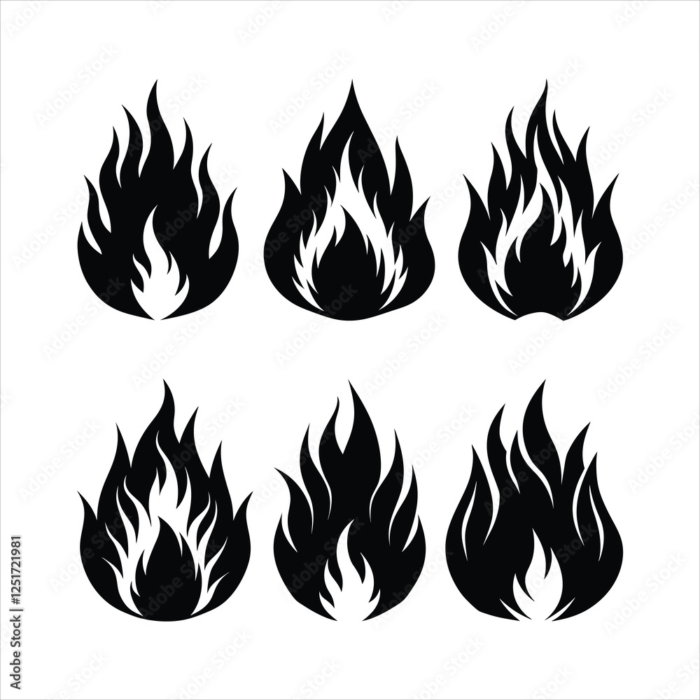 fire flames set, silhouette vector, on white background fire flames set, silhouette vector, on white background