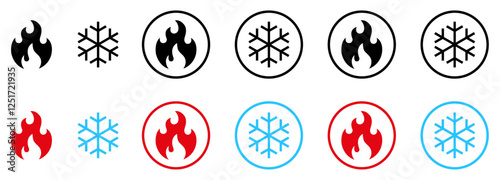 Snowflake and fire icon set. Hot and cold vector icon. Fire and ice sign. Snowflake and burning flame icon isolated on white background. Vector illustration.