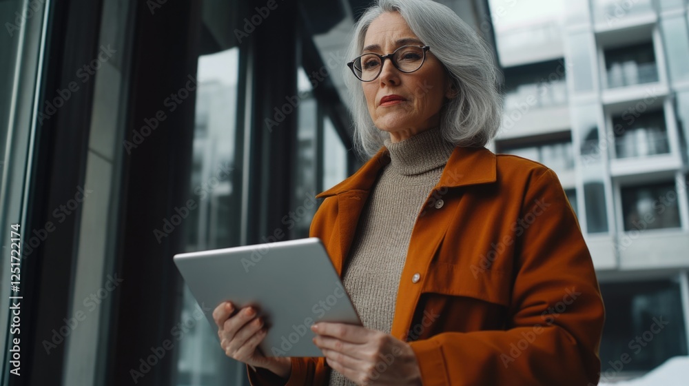 A sophisticated older woman working with a tablet computer in an urban setting. A sophisticated older woman working with a tablet computer in an urban setting.