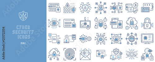 Cybersecurity icons set in blue and white