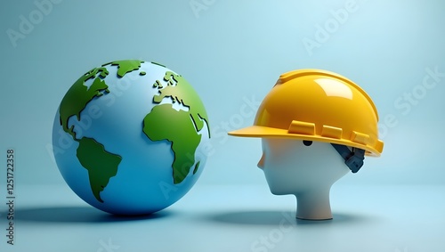Worker safety helmet with earth globe on blue background, World labor day, copy space