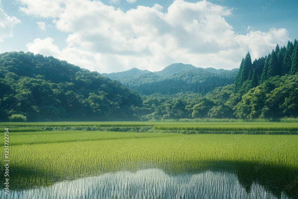 Obraz premium A tranquil scene featuring a rice paddy, surrounded by lush greenery and mountains in the background.