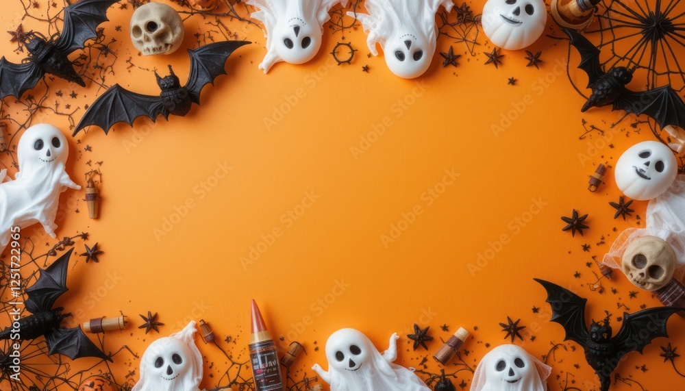 Halloween spooky flatlay orange background design Halloween spooky flatlay orange background design