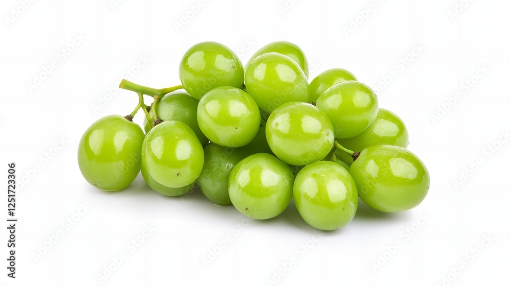 A cluster of fresh, green grapes with stems, isolated on a clean, white background. A cluster of fresh, green grapes with stems, isolated on a clean, white background.
