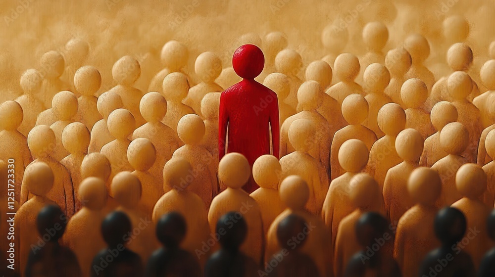 Obraz premium Red figure among beige figures symbolizing leader selection in talent management and recruitment strategy