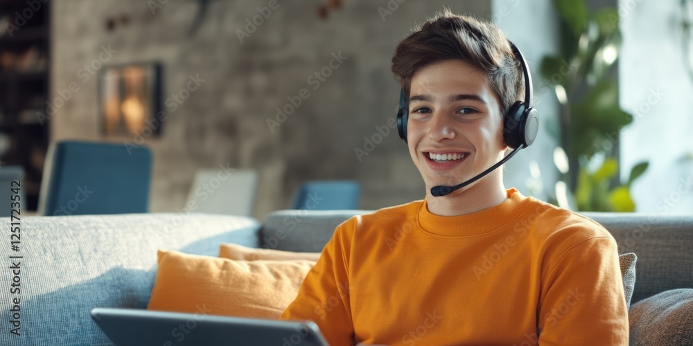 A youthful male in a casual setting, wearing headphones and smiling at the camera, capturing a moment of enjoyment or engagement. A youthful male in a casual setting, wearing headphones and smiling at the camera, capturing a moment of enjoyment or engagement.