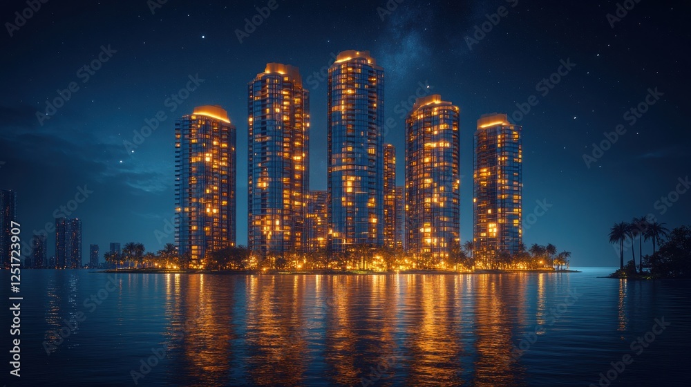 Obraz premium Illuminated skyscrapers, island, night, reflection, city, water, stars, luxury, resort, advertising
