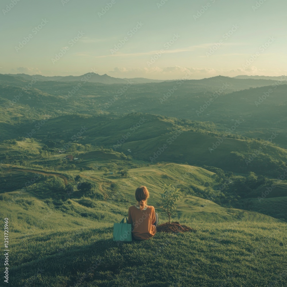 Fototapeta premium A cinematic, hyper-realistic photograph of a young woman sitting on a hilltop, watching a golden sunset over a lush green valley.
