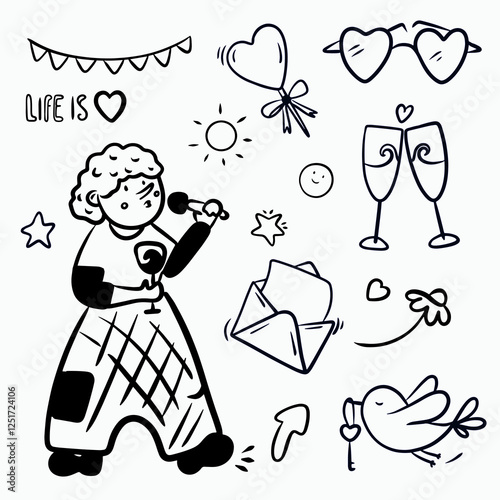 Vector set for birthday: garland, character singing song and drinking wine, letter, star, cocktail, smiley, flower