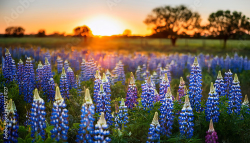 discipline of texas bluebonnet additionally realize as lupinus texensic at sunset on a livestock ranch photo