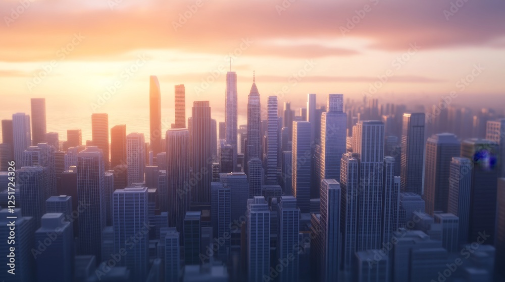 Fototapeta premium Futuristic city skyline at sunset with tall buildings and vibrant colors