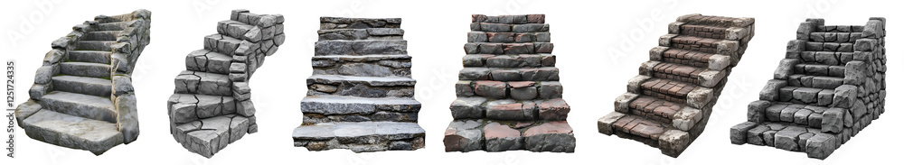 Set collection of rock stone steps stairs stairway staircase, front side circular spiral curved curvature view on transparent cutout PNG file. Many different style. Mockup template for design Set collection of rock stone steps stairs stairway staircase, front side circular spiral curved curvature view on transparent cutout PNG file. Many different style. Mockup template for design