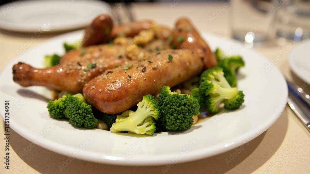 Roasted Sausages with Garlic and Herbs Served with Steamed Broccoli Roasted Sausages with Garlic and Herbs Served with Steamed Broccoli