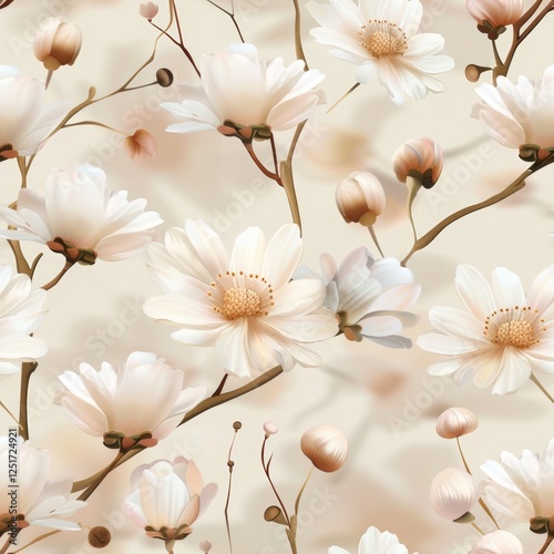 Elegant floral pattern featuring chamomile in soft pastels, creating a sophisticated seamless background perfect for spring decor