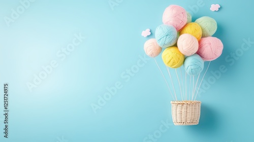 Colorful Yarn Balls in Basket Floating Like Balloons on Blue Background
