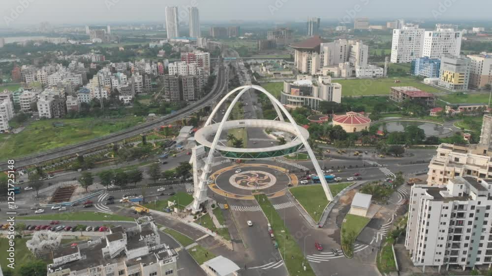 Kolkata Biswa Bangla New Town Sector 5 Salt Lake view drone footage aerial view. Indian roads and landmarks of subcontinent empty roads.