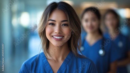 Friendly healthcare professional smiles confidently while standing with colleagues in scrubs at a modern hospital during the day