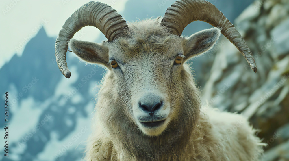 Fototapeta premium Close up Portrait of a Mountain Goat with Large Curved Horns in Snowy Alpine Environment